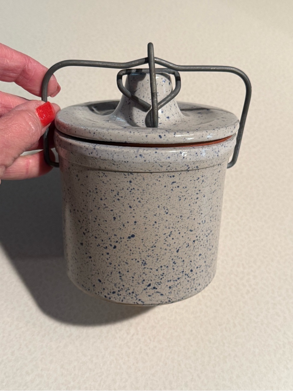 Speckled Stoneware Canister with Wire Handle - Blue Speckle